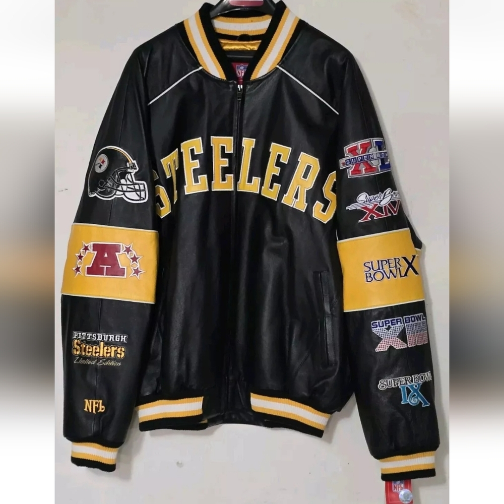 Pittsburgh Steelers 5-Time NFL Super Bowl Champs Vintage Leather Jacket XL, NWT